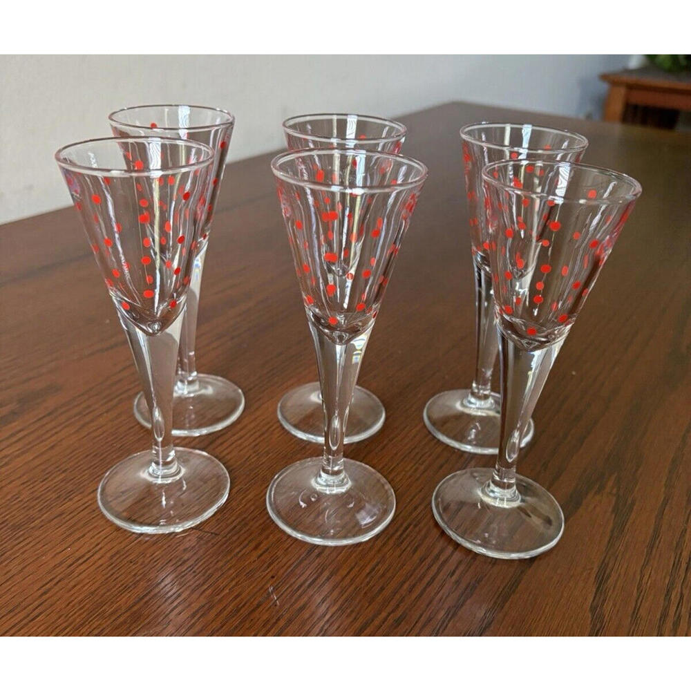 Mikasa Cordial Glasses with Red Polka Dots 5.5 " 2 oz Set of 6 MINT